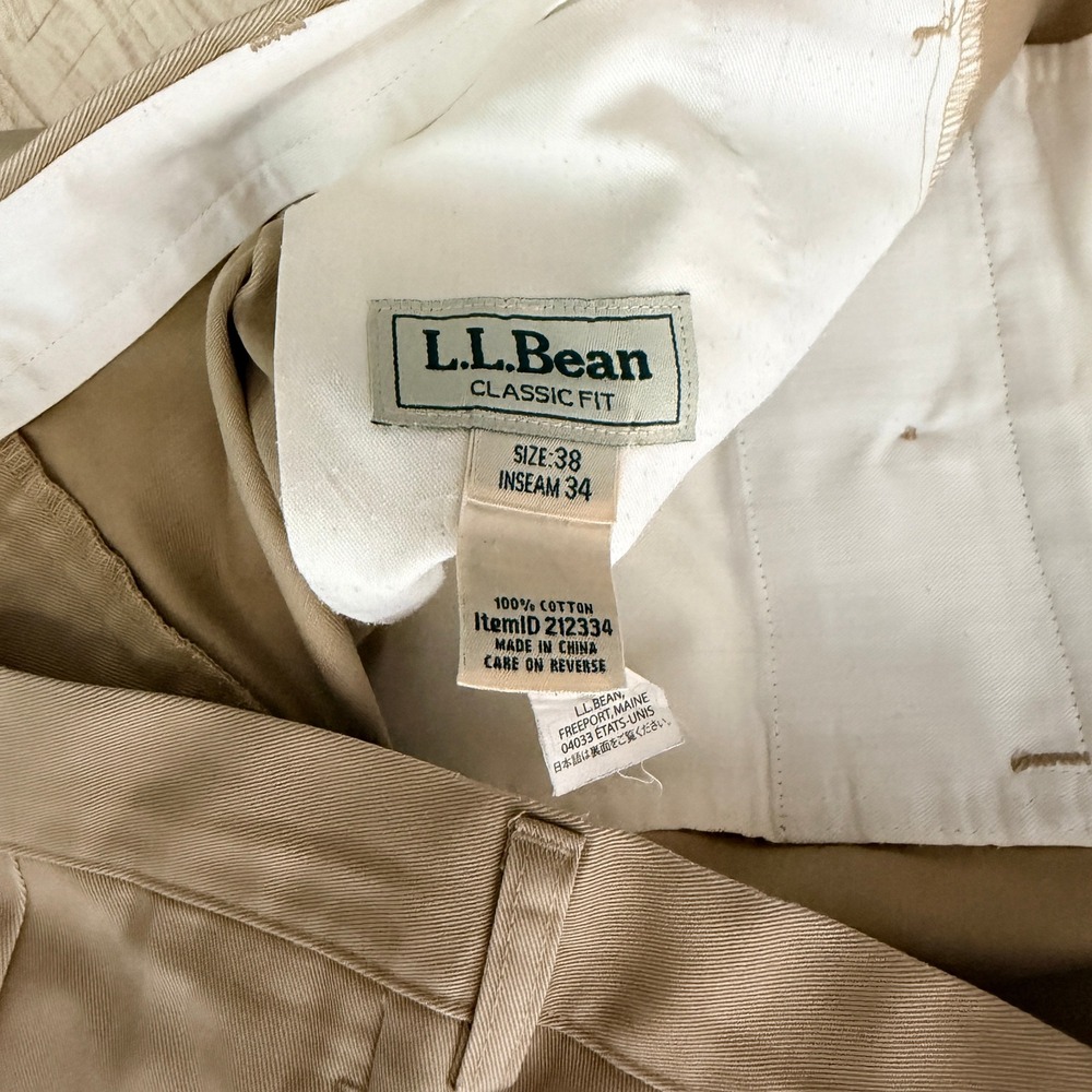 LL Bean Pleated Chino Pants Mens 38x34 Khaki Tan Front Classic Fit Cotton - Picture 5 of 8